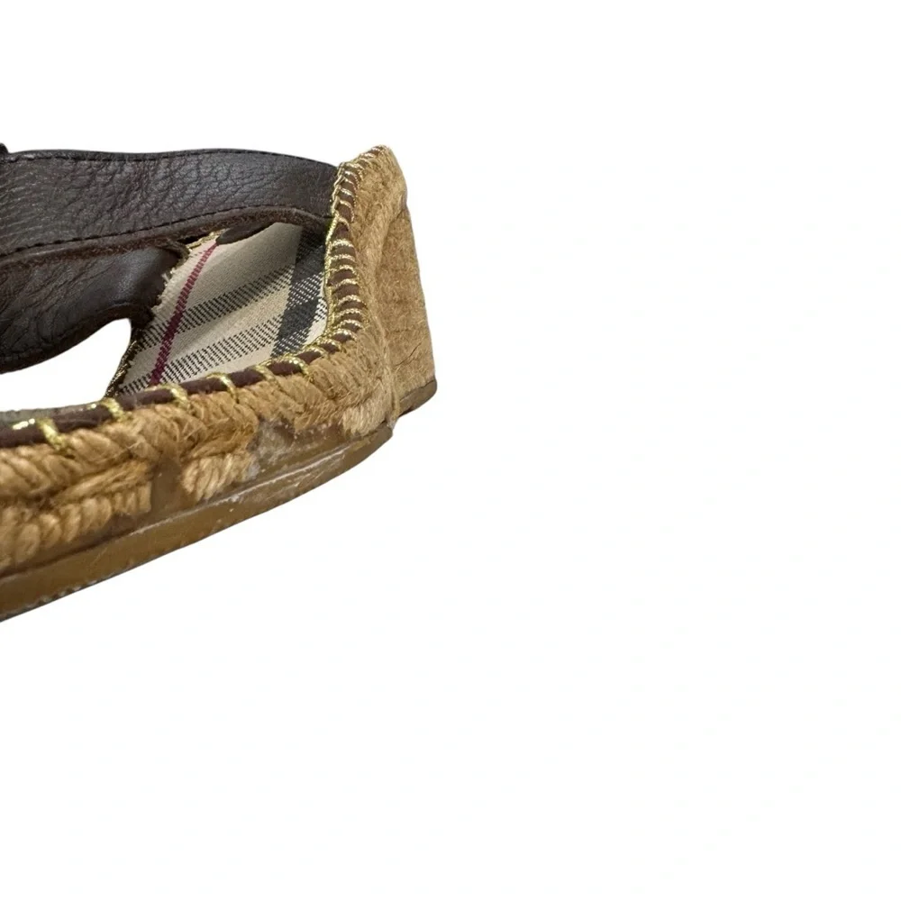 Burberry Nova Check‎ Brown Leather Espadrille Wedge Slides Sandals